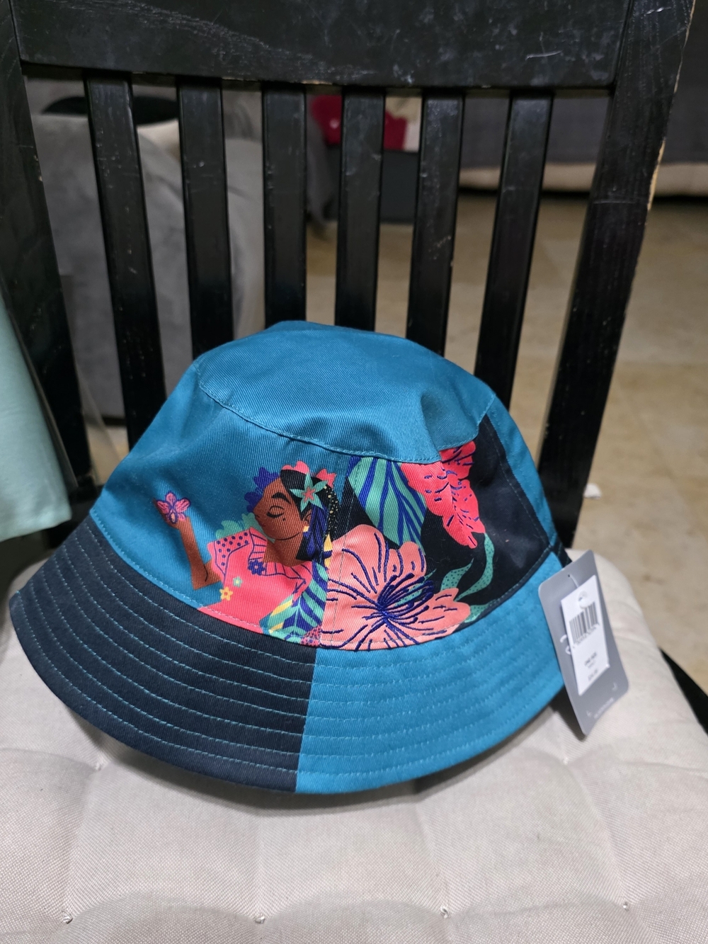 Disney Teal and Navy Floral Bucket Hat with Character Motif New One Size